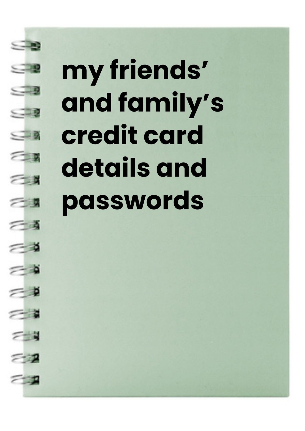 my friends' and family's credit card details and passwords A5 Notebook