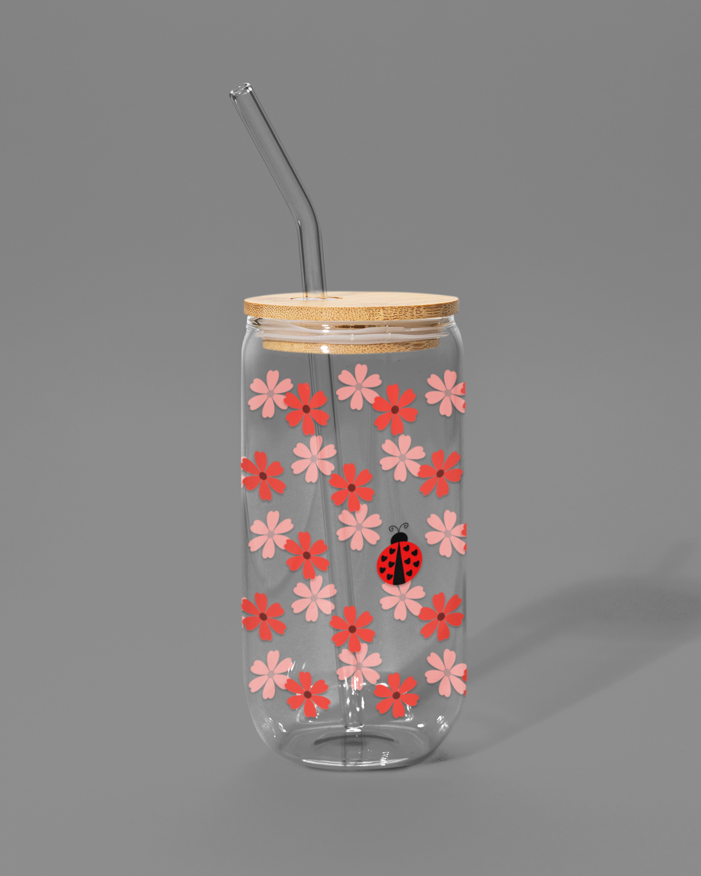 Red Flowers with Ladybug | Libbey-style Glass Can