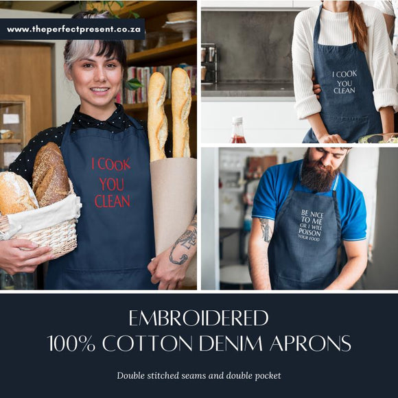 The Perfect Present 100% cotton embroidered denim aprons 