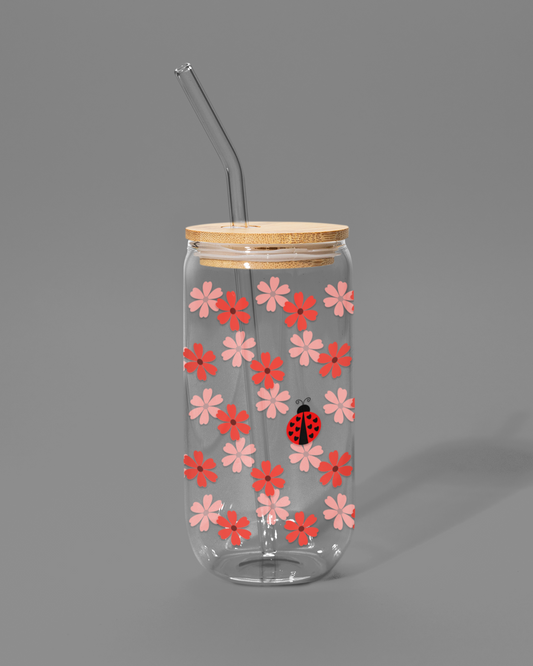 Red Flowers with Ladybug | Libbey-style Glass Can
